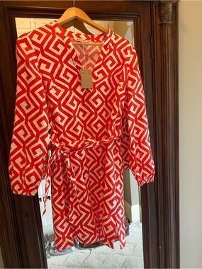 Boden Coral and White Geometric Tie-Waist Dress